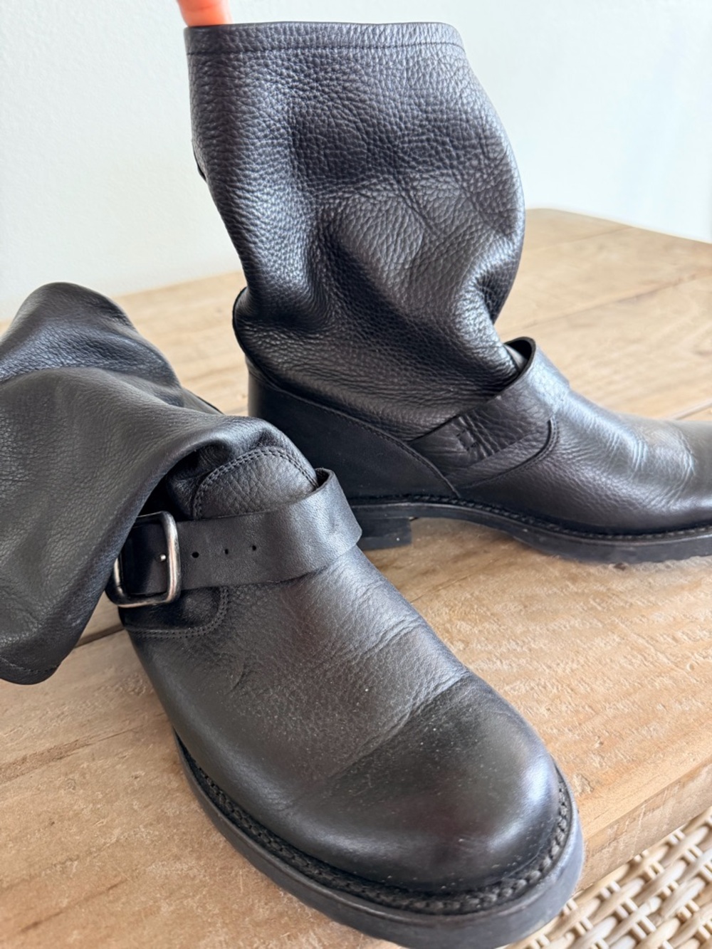 Frye Veronica Black Leather Mid-Calf Biker Boots with Buckle Detail - Picture 2 of 4